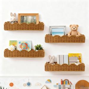 Nursery Book Shelves Set of 4 - Artisanal Natural Rattan Scalloped Book Shelf for Kids Rooms 15.8" W, Cute Wicker Nursery Bookshelf Wall Mounted, Handwoven Floating Kids Bookshelf, Baby Boho Decor