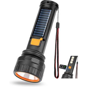 Solar Flashlights, 1500 Lumens Led Solar Powered Flashlights with Digital Display 2000mAh Battery Rechargeable Handheld Flashlights IP65 Waterproof Flashlights for Survival Emergencies, 1 Pack