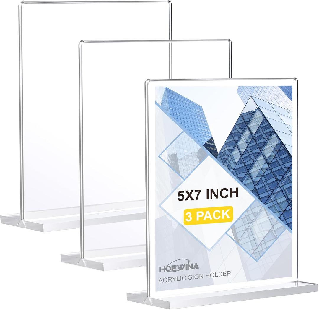Hoewina Acrylic Sign Holder 5 x 7 Inch 3 Pack - Business & Store Sign Holders - Vertical Double-Sided Acrylic Stands