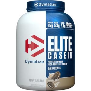 Dymatize Elite Casein Protein Powder, Cookies & Cream, 100% Micellar Casein, 25g Protein, 5.4g BCAAs, 2.3g Leucine, Slow Absorbing for Overnight Muscle Recovery, 4 lb (53 Servings)