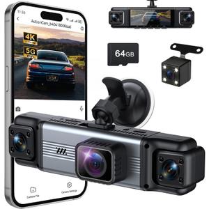 4 Channel 360° Dash Cam Front Rear Inside & Left Right 4K+1080P*3 FHD Car Camera, 5GHz WiFi & App Control 8 IR Lamps Night Vision 24H Parking Mode, G-Sensor, Loop Recording, Includes 64GB (Gunmetal)