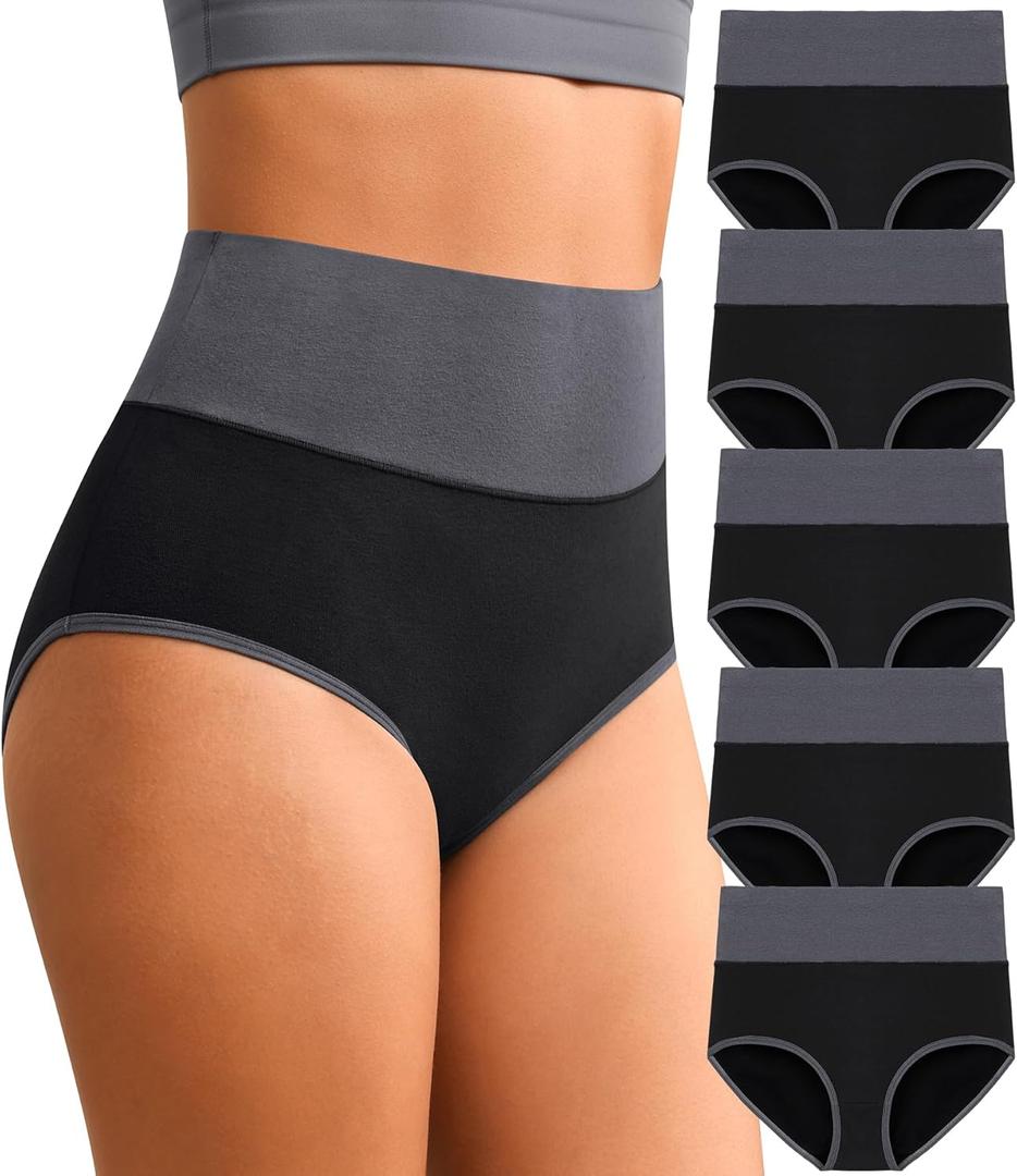 Eiggam High Waisted Underwear for Women Tummy Control Panties Cotton Briefs Full Coverage Breathable Underwear Packs Women (Medium, Black - 5 Pack)