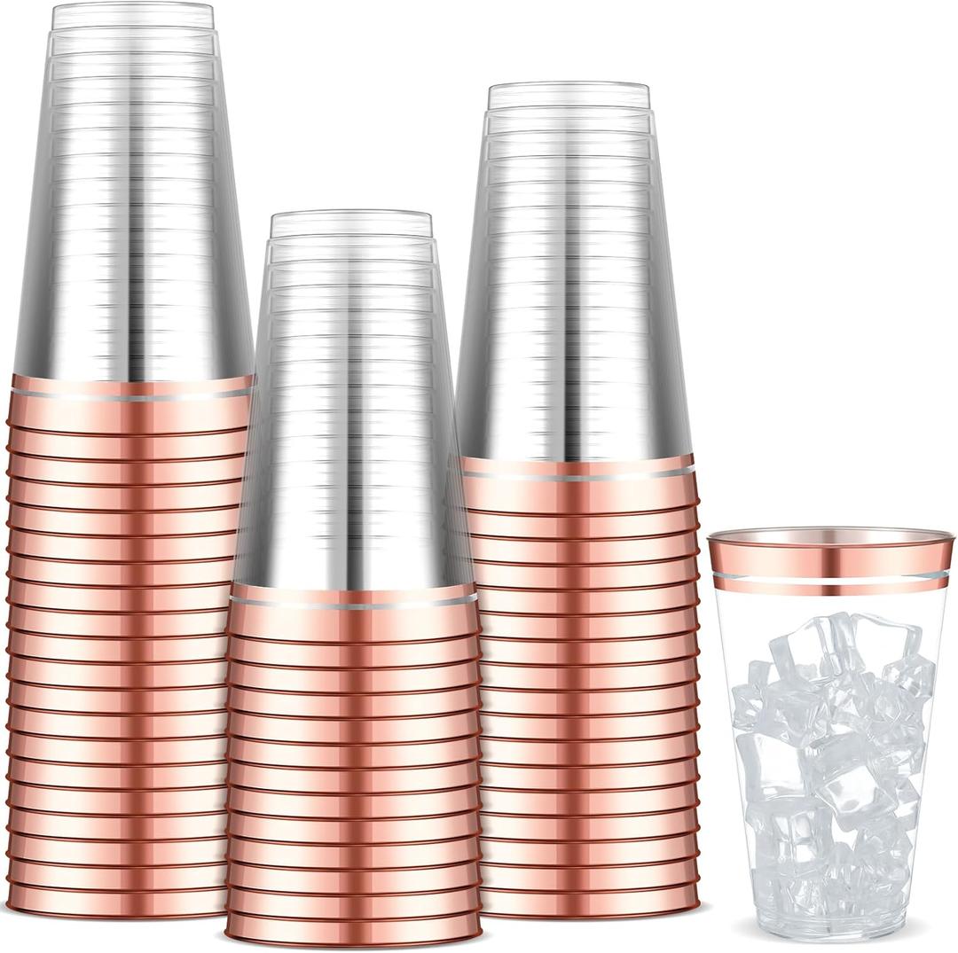 Sliner 50 Pcs Hard Plastic Cups Double Rimmed Plastic Cups Heavy Duty Fancy Disposable Wine Glasses for Holiday Wedding Graduation Birthdays Christmas Valentine Parties(14 Oz,Rose Gold)