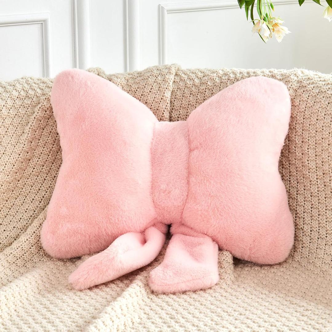 Pink Bow Pillow, Soft Bow Decorative Pillows with Faux Rabbit Fur, Cute 12" Bow Throw Pillows, Aesthetic Home Decor Bow Shaped Plush Pillow for Bedroom Sofa Couch (Small-12 Inch)