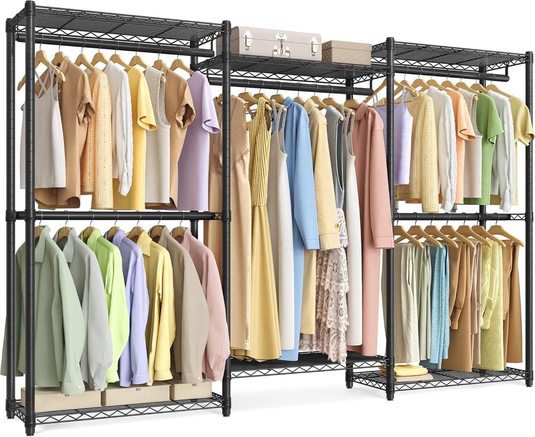 SONGMICS Heavy-Duty Clothes Rack, Garment Rack, Portable Closet, 86.4-Inch Wide Clothing Rack with Adjustable Mesh Shelves and Hanging Rails, Ink Black ULGR434B01, 86.4"l X 76"h