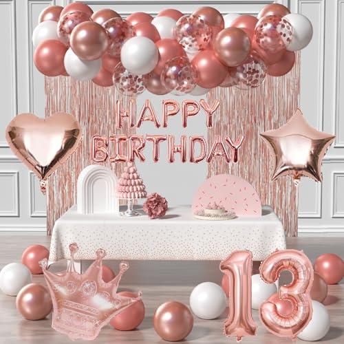 Pack of 3 13th Birthday Decorations For Girls-Rose Gold 13 B-DAY Girl Decorations Include Rose Gold White Balloons, Happy Birthday/Love Crown 13 Number Foil Balloons, Tablecloth,Fringe Curtains