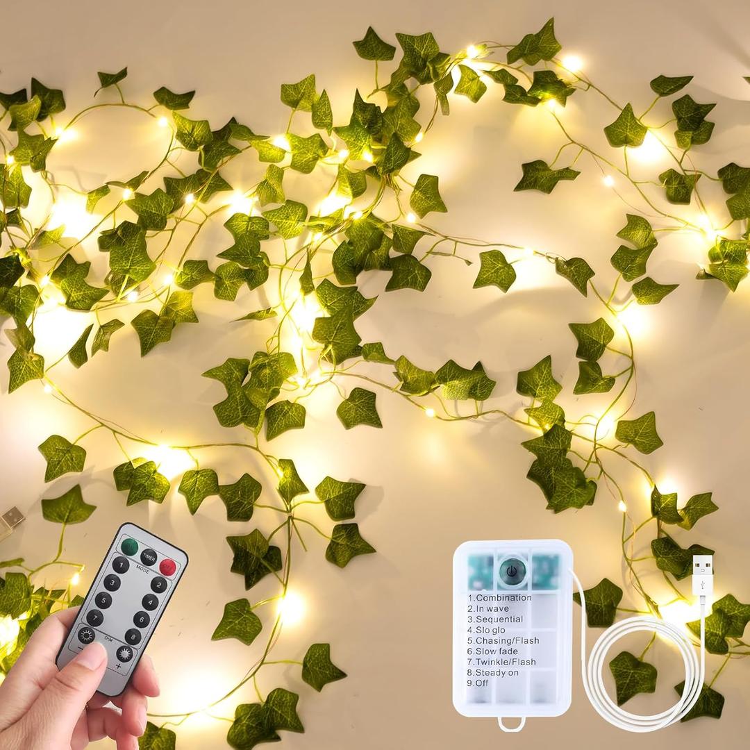 Fake Plants Vines,33ft 100 LED Artificial Ivy Garland with Fairy Lights,for Home Living Room Bedroom wall Art Aesthetic Office Coffee Wedding Party Farmhouse Dorm Outdoor Garden Decor (Battery or USB Powered -100LED)