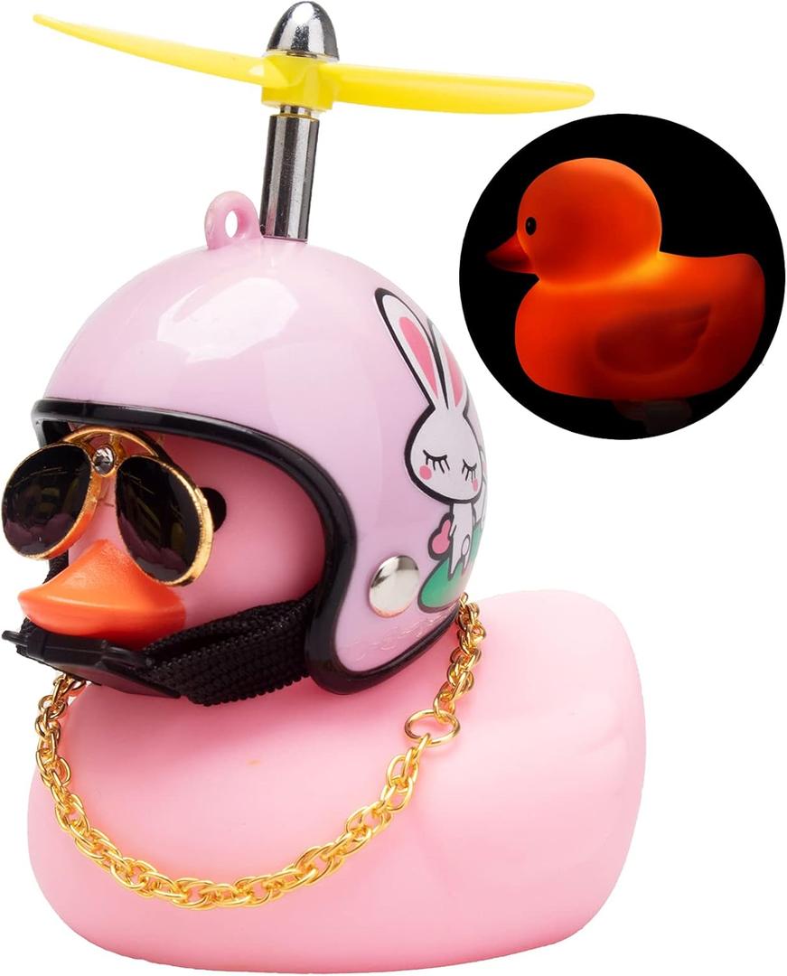 wonuu Rubber Duck Car Ornaments Pink Duck Bike Bell Cute Duck Car Dashboard Decorations Squeeze Duck Bicycle Horns with Propeller Helmet, Bandage and Gold Chain (Pink Rabbit-Belt)