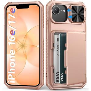 BXYJY for iPhone 16e Phone Case Wallet, Built-in Card Holder (4-5 Cards), RFID Block, Slide Camera Cover, Military Grade Protection, Rugged Women Girly Men Protective Case for iPhone16 E, Rose Gold