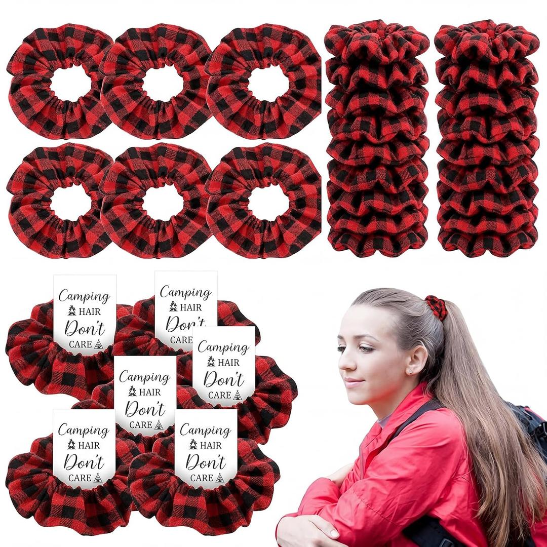 Suncalla 12 Pcs Camping Hair Scrunchies Buffalo Plaid Scrunchie Hair Ties with Thank You Cards Camping Bachelorette Party Favors for Women Birthday Bachelorette Glamping Outdoor Supplies
