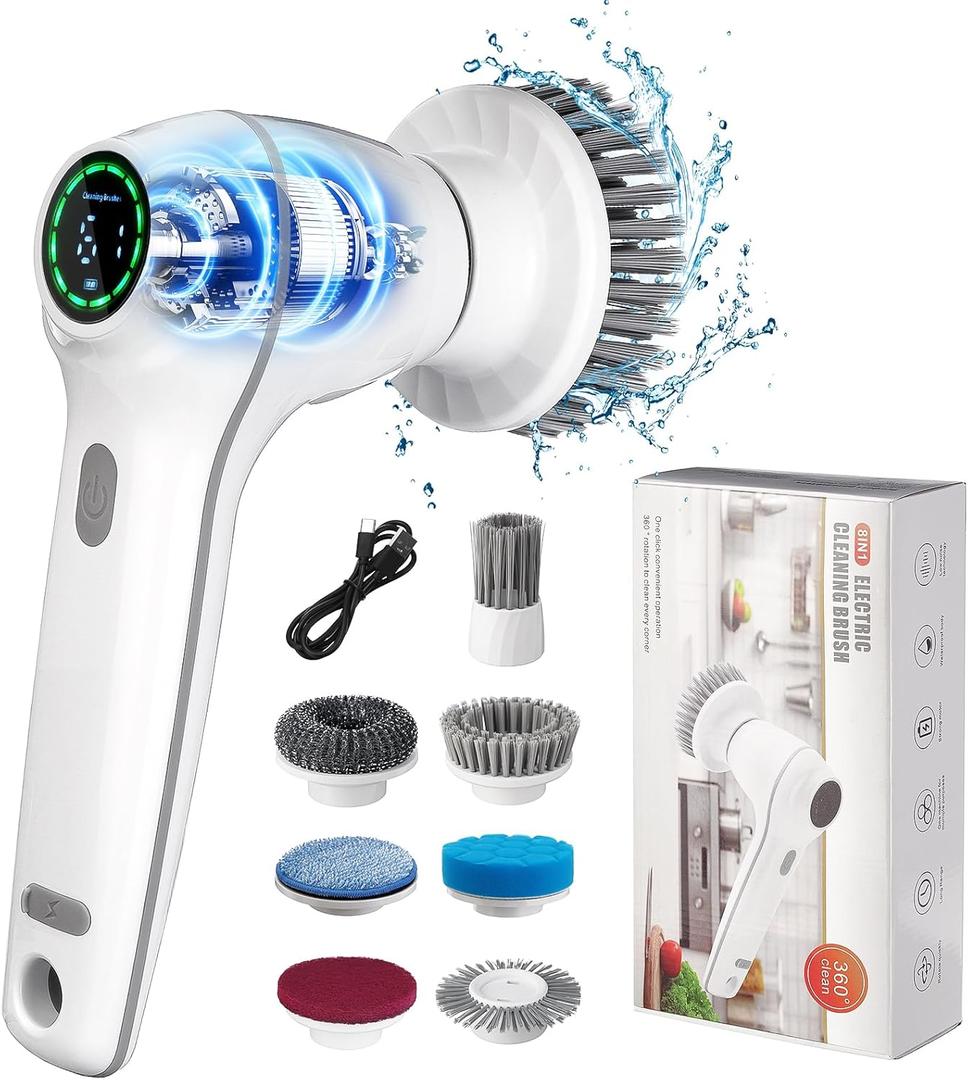 Electric Spin Scrubber, Cordless Shower Scrubber Handheld Electric Spin Scrubber for Cleaning with Display IPX7 Waterproof, Electric Cleaning Brush with 7 Replaceable Heads for Kitchen Tub Tile Sink