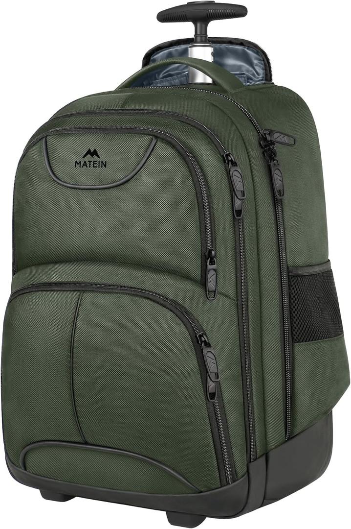 MATEIN Rolling Backpack, 17 Inch Travel Laptop Backpacks with Wheels, Water Resistant Large Roller Carry On Luggage Wheeled, Trolley Overnight Suitcase Business College Computer Bag, Green