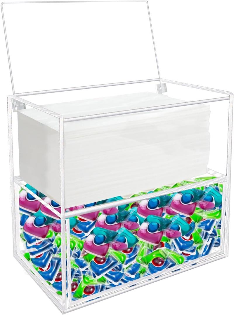 Dryer Sheet Holder Box, Acrylic Laundry Sheets Container, Dryer Sheets Storage Dispenser for Laundry Room, Clear-2tier