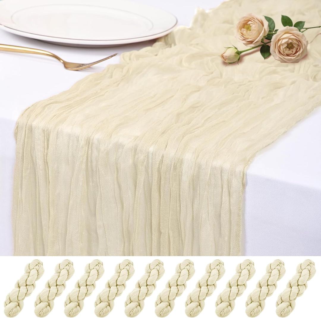 10 Pack Ivory Cheesecloth Table Runner 17x108 Inch Semi Sheer Boho Rustic Gauze Cheese Cloth Table Runners for Wedding Party Birthday Baby Shower Home Dcor