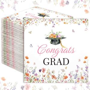 LemonRoad 100 Pack Floral Graduation Paper Napkins 6.5 x 6.5” Congrats Grad Wildflower Napkins Class of 2026 Graduation Party Decoration for College High School Spring Grad Party Supplies