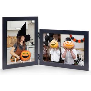 Vertical Horizontal Combo, Double 4x6 Black Wood Foldable Picture Frame, Opening 3.5x5.5, Stand on Desk-top, Portrait and Landscape View