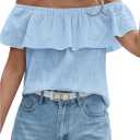 SweatyRocks Women's Off The Shoulder Blouse Short Sleeve Ruffled Summer Tops, L