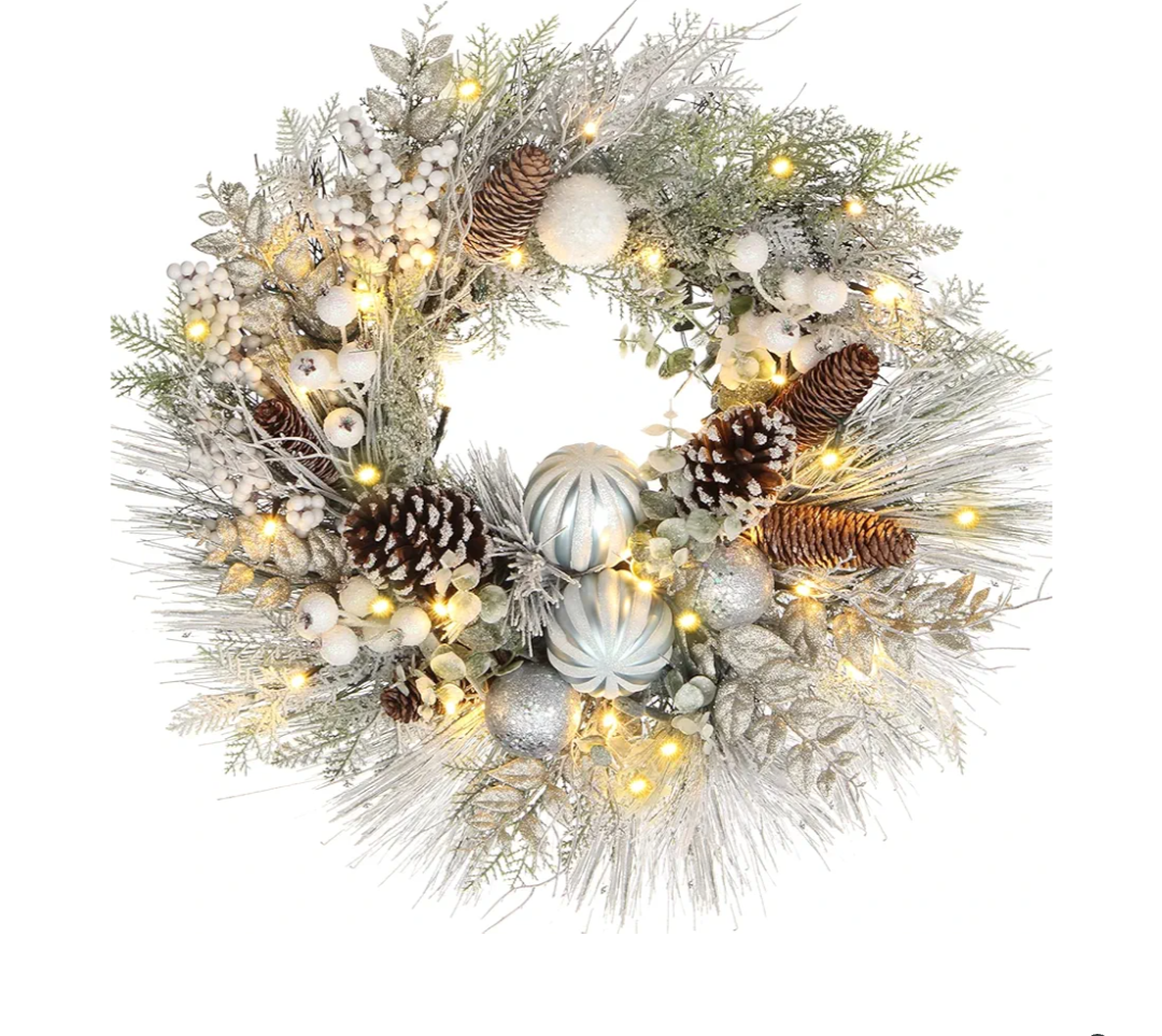 Briful Christmas Wreaths for Front Door 24" Christmas White Snow Flocked Door Wreath with Balls Ornaments Pinecone Berries for Xmas Room Fireplaces Walls Home Indoor/Outdoor Porch Decor