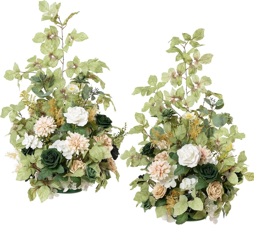 Ling's moment 41" Tall Free Standing Artificial Flowers Arrangements 2 pcs Wedding Arch Altar Stage Decorations Emerald & Tawny Beige Ceremony Reception Rose Fake Floral Party Centerpieces Decor