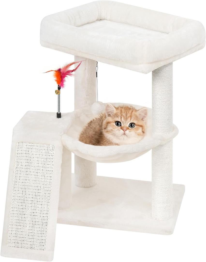 YOUPET Cat Tree with Cat Scratching Post for Indoor Cats, Cat Tower with Scratching Board and Playful Toy Balls, Cat Tree Tower with Cozy Hammock,Beige (25.59")
