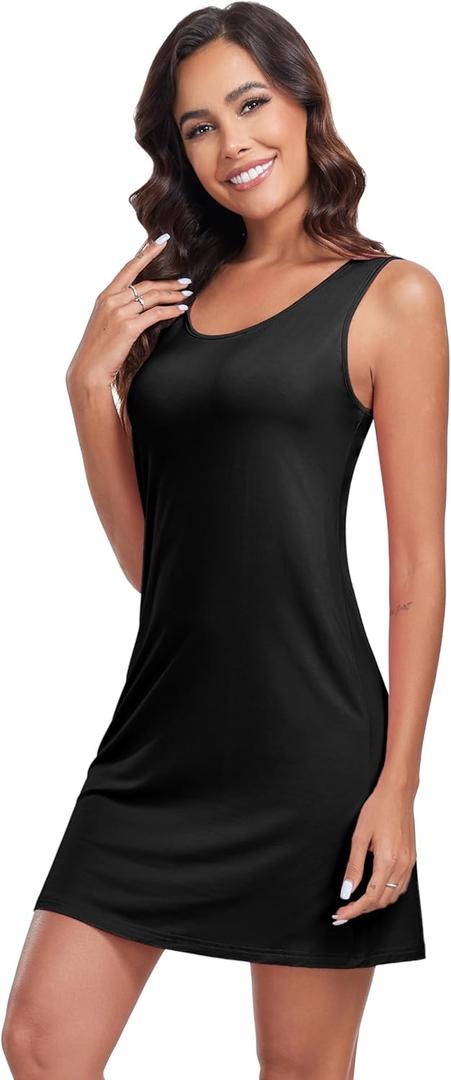 VintageClothing Womens Full Slip Tank Top Dress Soft Slip Under Dress Wide Straps Lingerie Nightgown (Black, L)