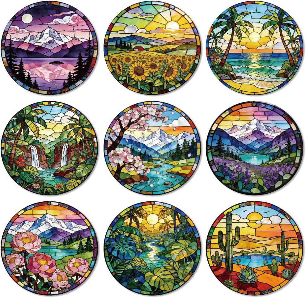 ANATTASOUL Coasters Set of 9 Landscapes Pattern Colorful Wooden Coasters Bulk Round Housewarming Gift for New Home, 3.9" Decorative Coffee Table Protection for Farmhouse Bar House Decor
