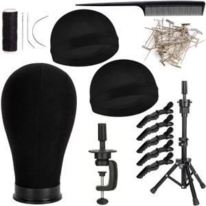 Mannequin Canvas Head with Wig Stand for Making Display, Cork Canvas Block Head with Wig Caps, Canvas Mannequin Head with T Pins Set Hair Styling Practice Display