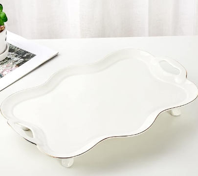 Porcelain Serving Tray with Handles, Luxury British Style Coffee Table Tray with Golden Rim, Beautiful Tea Tray Decor for Living Room, Easy to Use & Clean