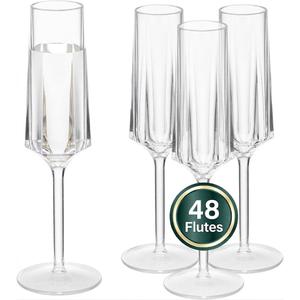 JLYLOL 48 Pcs Clear Hexagon Plastic Champagne Flutes Luxury Toasting Glasses 6OZ Elegent Ribbed Champagne Glasses Plastic Goblets Stemmed Drinking Cups for Parties, Wedding Bride