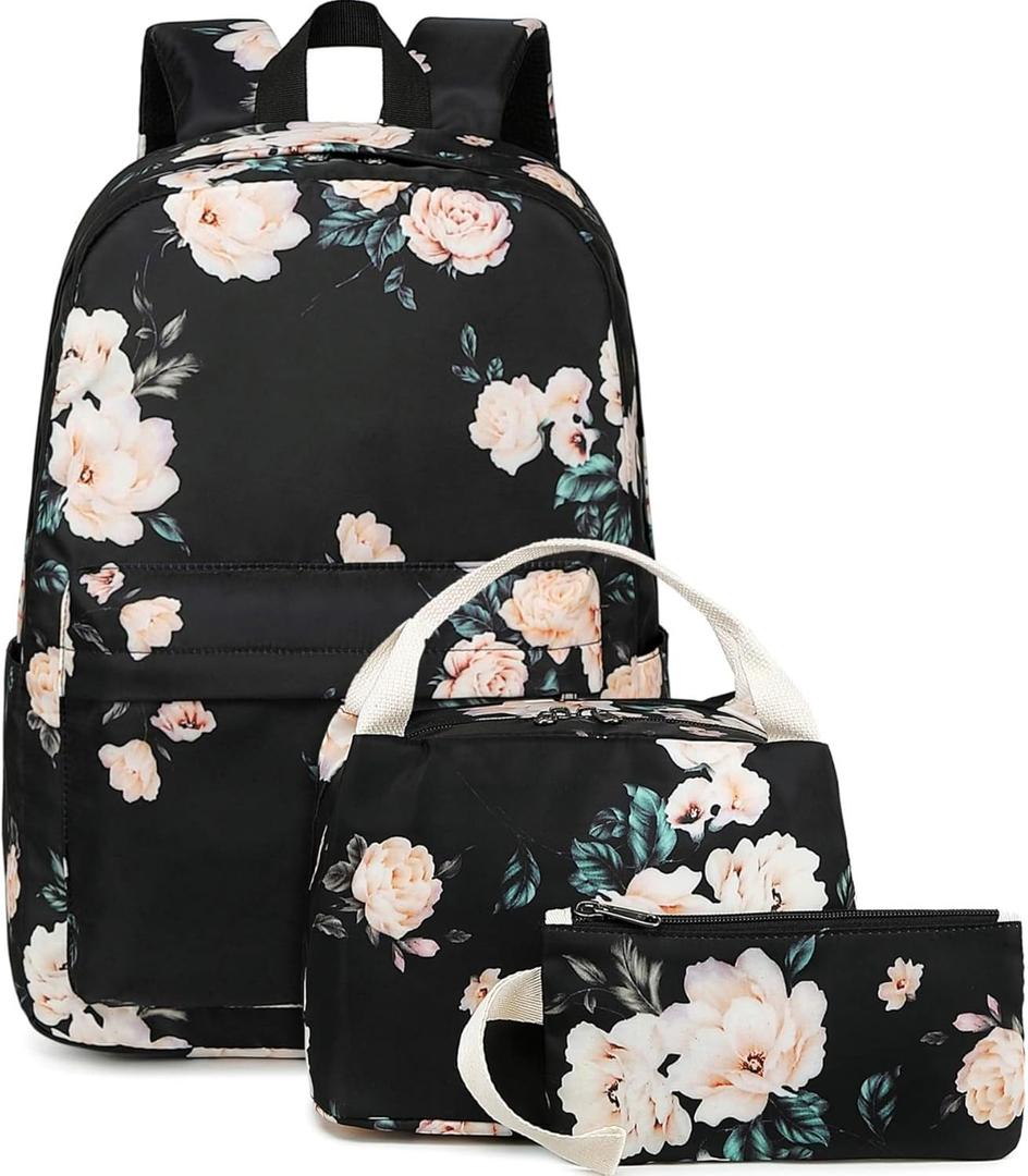 Bluboon Teens Backpack Set Girls School Backpack Lunch Box Pencil Bags Student Bookbags 3 in 1 (E0066 Black)