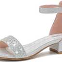 Dufannie Girls Sandals Low Heels Dress Pump Ankle Strap Open Toe Flower Girl Wedding Party for Toddler Little Big Kid (Silver)