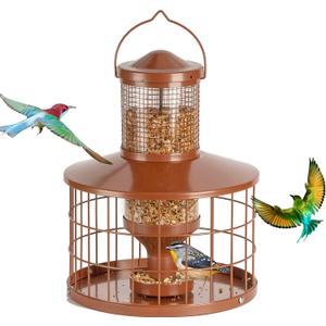 Caged Bird Feeders Squirrel-Proof, Metal, 2.8 Lbs Capacity-Cage Tube Seed Feeders with Tray Outdoor Hanging, Attract Birds,Detachable Cleaning, Starling Proof Wild Bird FeederBrown