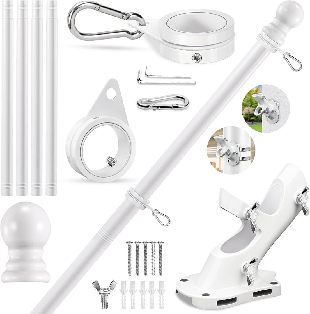 REERON House Flag Pole kit, 5 FT Metal Spinning Flag Poles Kit, 1" Tangle Free Stainless Steel Flagpole with 360 Flagpole Rings & 2-Position Bracket for Outside House Porch Wall Mount for 3x5 Flag