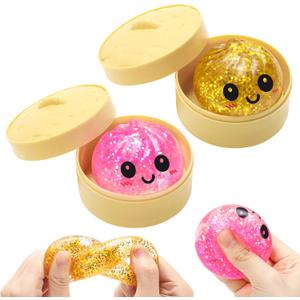 2 pcs 2.0" Sugar Mini Glitter Dumpling Squishy Surprise Box – Cute Bao Bun Squishy Set with Steamer, Glittery Slow Rise Stress Relief Toys, Mystery Sensory Fidget for Kids Adults Fun Blind Bag Gift