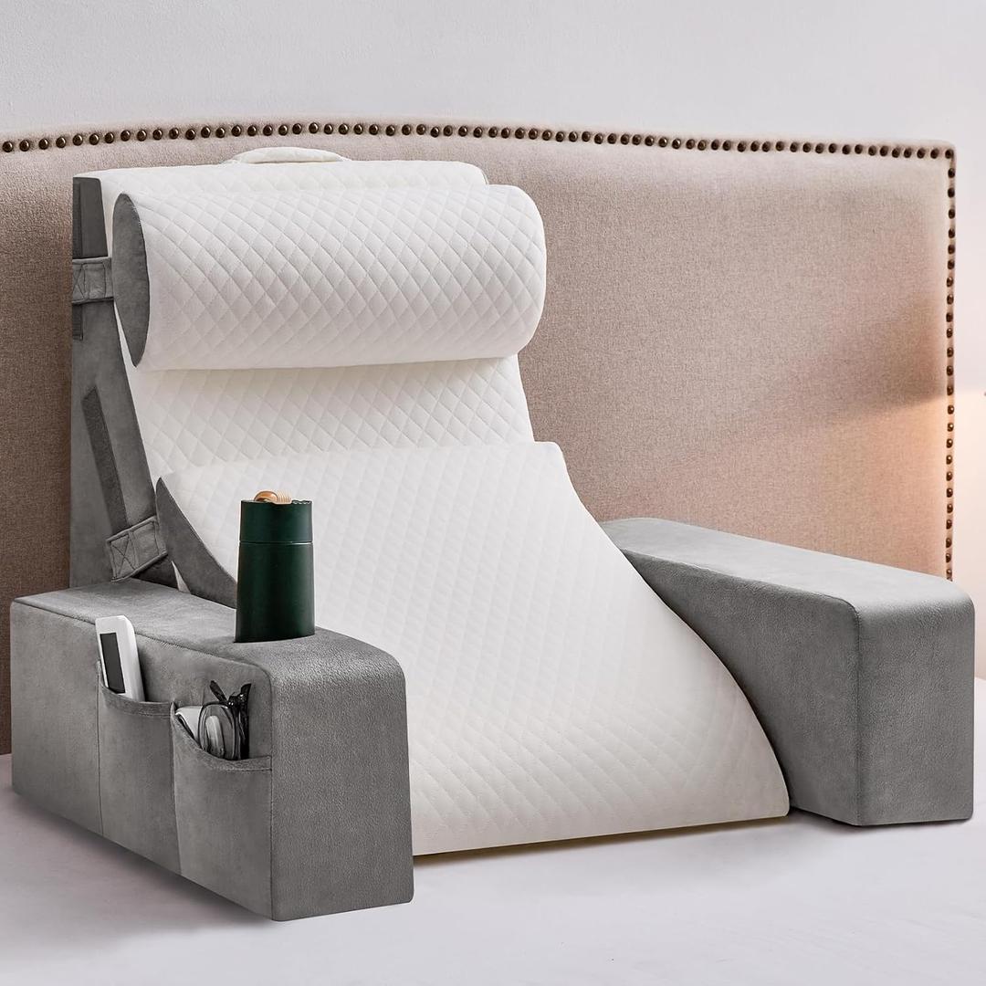 Reading Pillow for Sitting in Bed Adult, Back Pillow for Bed Sitting up with Arms, Pockets and Cup holder, Sit Up Backrest Pillows for Beds Chair Support, Rest Pillow for Gaming (Light Gray, 5PCS)