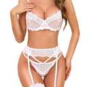 RSLOVE Lingerie Set for Women Sexy - Corset And Panty Outfits 3 Piece Lace Push Up Underwire with Garter Bra And Panty Sets Bodysuit White, M