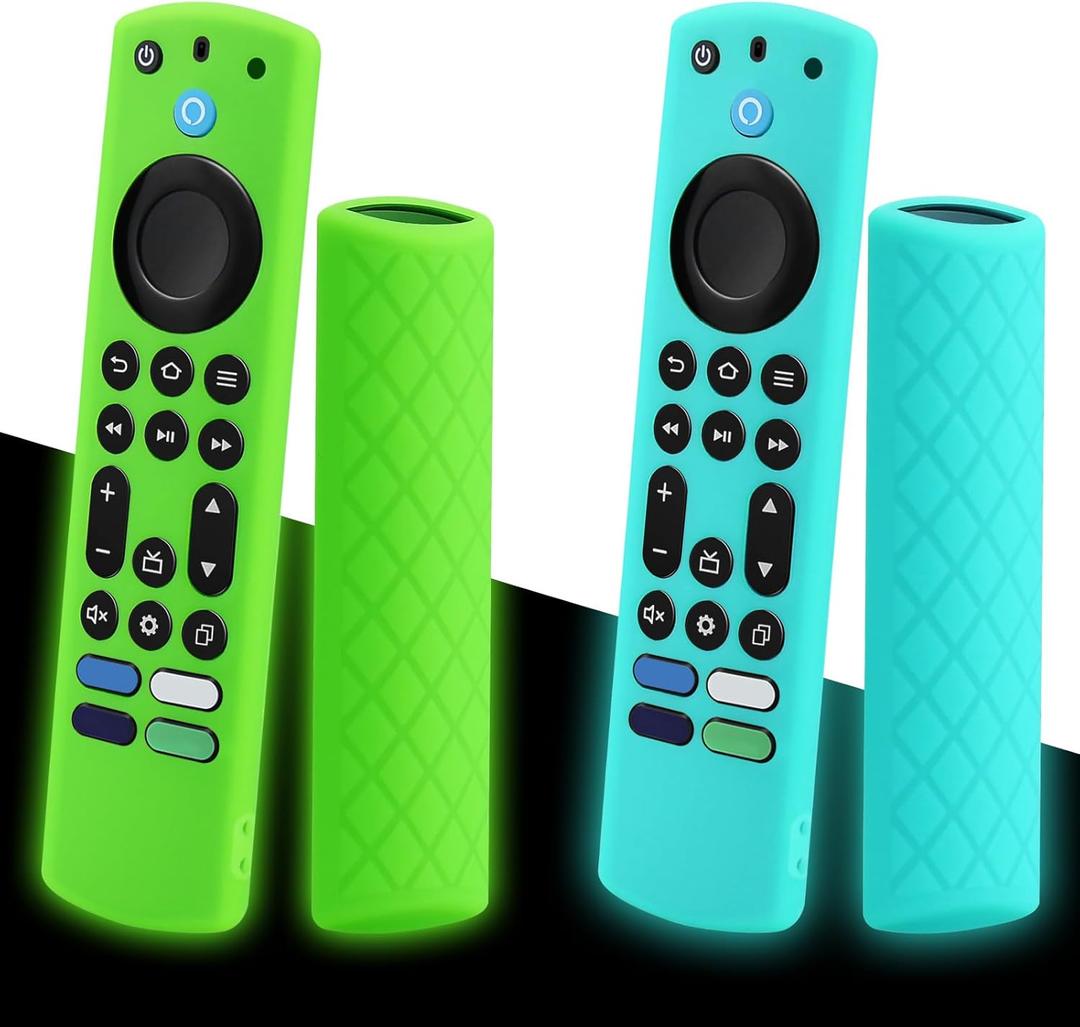 2-Pack Glowing Green + Glow Blue Remote Cover Compatible with Alexa Fire TV Stick 4K Max Remote Controls, Anti-Slip Silicone Protective Case with Lanyard, GITD!