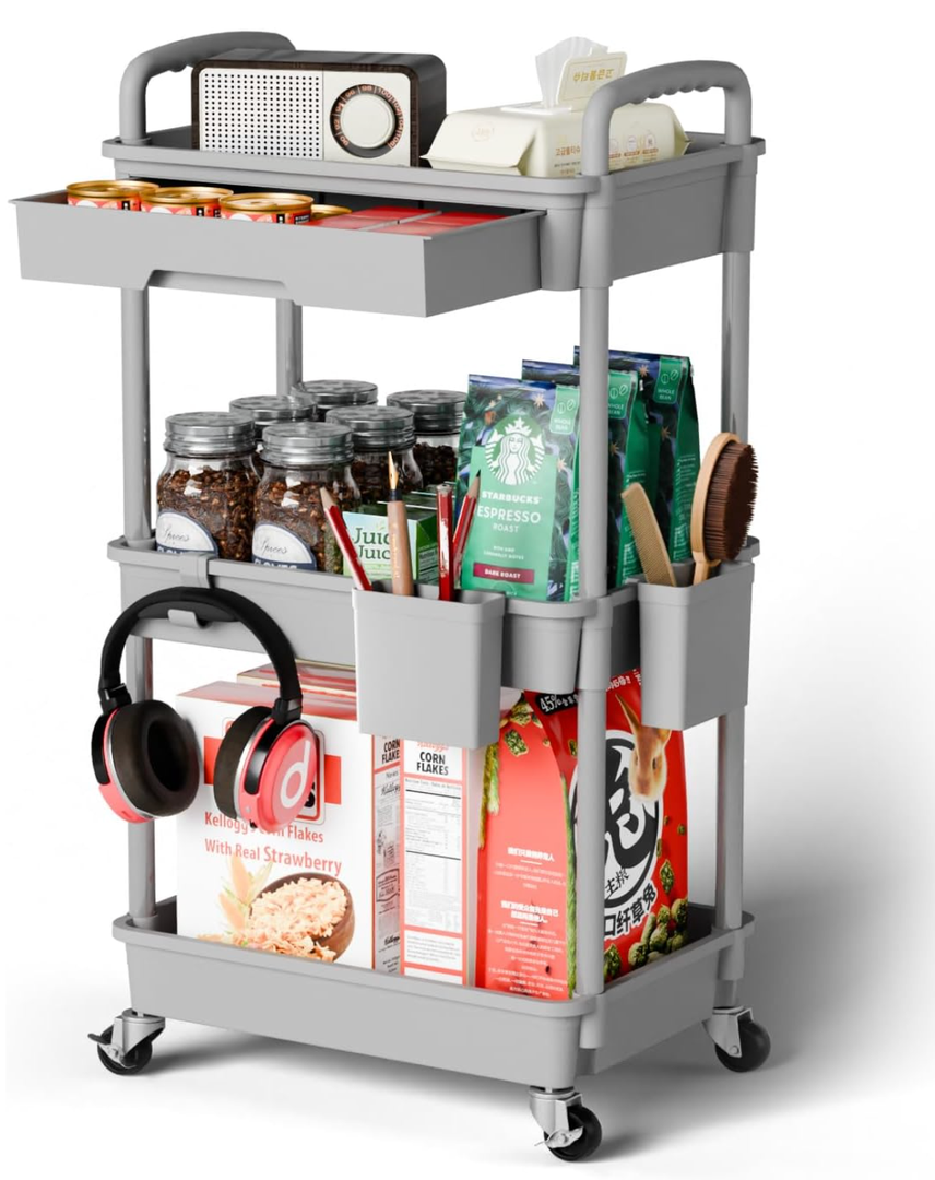 Sorgion 3 Tier Rolling Cart Organizer,Laundry Room Bathroom Organizers and Storage Office Shelves Mobile Shelving Unit Kitchen Trolley Cart with Wheels for Art,Craft,Diaper,Bedside,Snack(Grey)