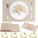 4 Set Beige Placemats, Gold Napkin Rings with Dinner Napkins Cloth, Heat Resistant Non-Slip Place Mats for Dining Table, Washable Durable PVC Vinyl Woven Table Mats for Plates Wedding