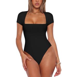 REORIA Womens Sexy Square Neck Double Lined Shirt Stretchy Basic Short Sleeve Going Out Thong Bodysuit Tops (Black)