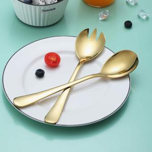Golden Salad Server Set of 2 - Stainless Steel Serving Spoon and Fork - Dishwasher Safe