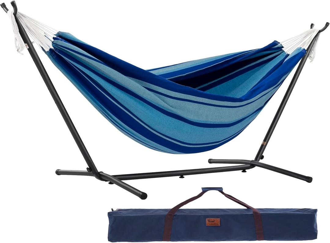 Vivere Double Cotton Hammock with Space Saving Steel Stand, Upgraded Polyester End Strings 450 lb Capacity - Premium Carry Bag Included - USA Grown Cotton (Island Breeze)
