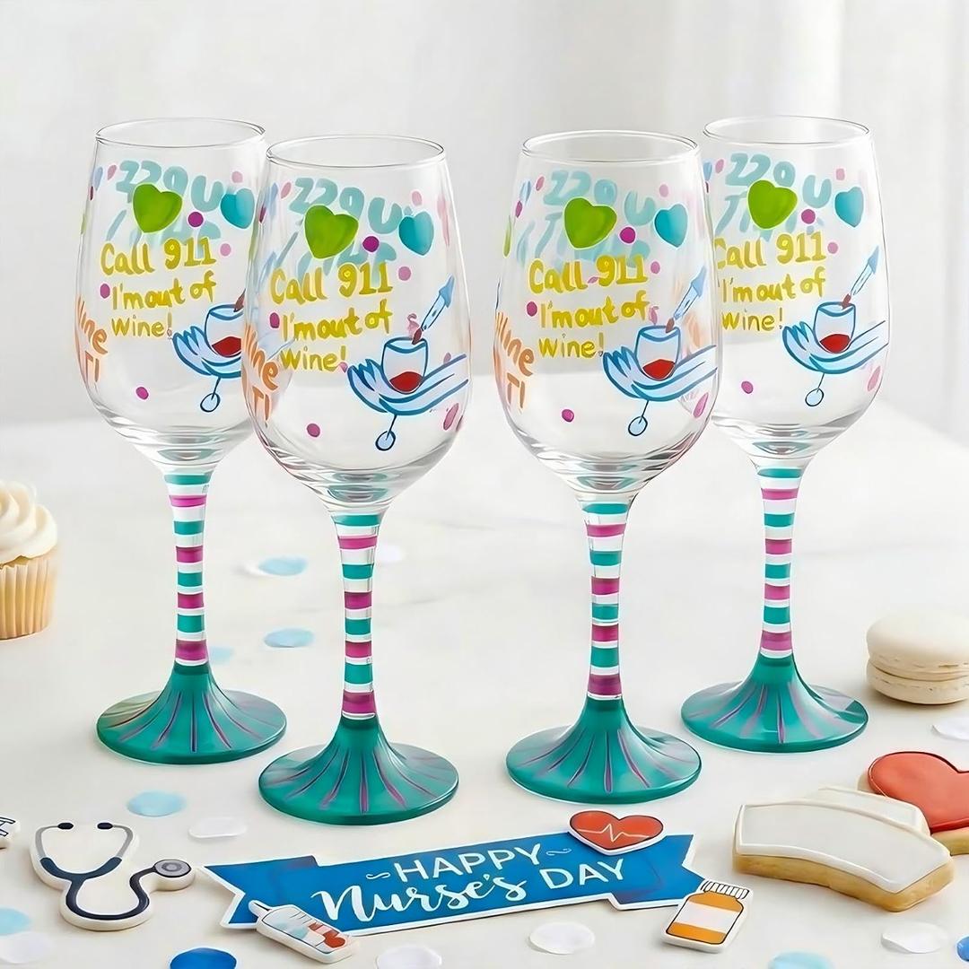 SiliFine 4 Pcs Nurse Stemmed Wine Glasses Hand Painted Drinking Cup Wine Glasses Gifts for Certified Nursing Assistants CNA Week Appreciation Nurses' Day Holiday Party Supplies, 23.5 x 10 x 10 cm/ 9.25 x 3.93 x 3.93 inches (EXP 11/01/26)