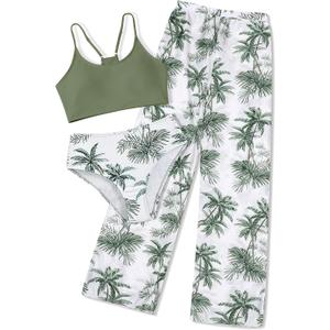 NECIOUS Girls Swimsuit, 3 Piece Bikini Bathing Suit Tropical Floral Swimwear with Cover Up Pants (11-12 Years, Green)