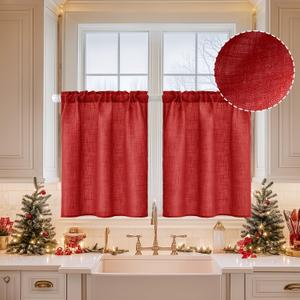 MIULEE Christmas Linen Cafe Curtains 36 Inch Length for Kitchen Bathroom Over Sink 2 Panels, Farmhouse Rod Pocket Short Semi Sheer Light Filtering Tier Curtains for Small Half Window W26" x L36", Red