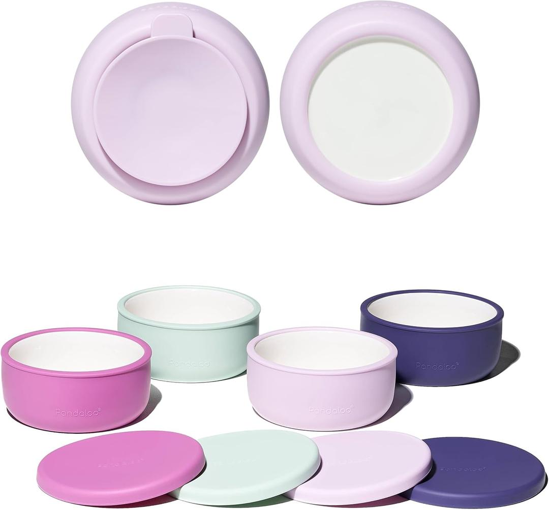 Pandaloo Porcelain Kids Bowls with Removable Silicone Sleeve & Lid  Strong Suction Base, Microwave & Dishwasher Safe, Toddler-Proof, Non-Slip Ceramic Feeding Bowls for Babies & Toddlers (Set of 4) (Blueberry/Sweet Sage/Deep Purple/Lilac Rhapsody)