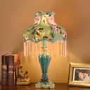 Green Victorian Table Lamp European Style Fabric Desk Lamps with Fringe Beaded Lampshade Painted Resin Base Handmade Vintage Flower Bedside Night Light for Bedroom Living Room Office