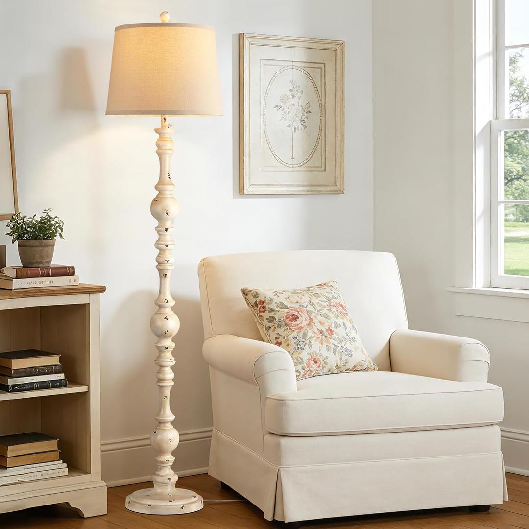 QiMH Vintage Floor Lamp for Living Room,61" Tall Rustic Standing Lamp with Linen Lampshade, Rotary Switch Farmhouse Floor lamp for Bedroom, Corner, Dining Room, Home Decor, Shabby White