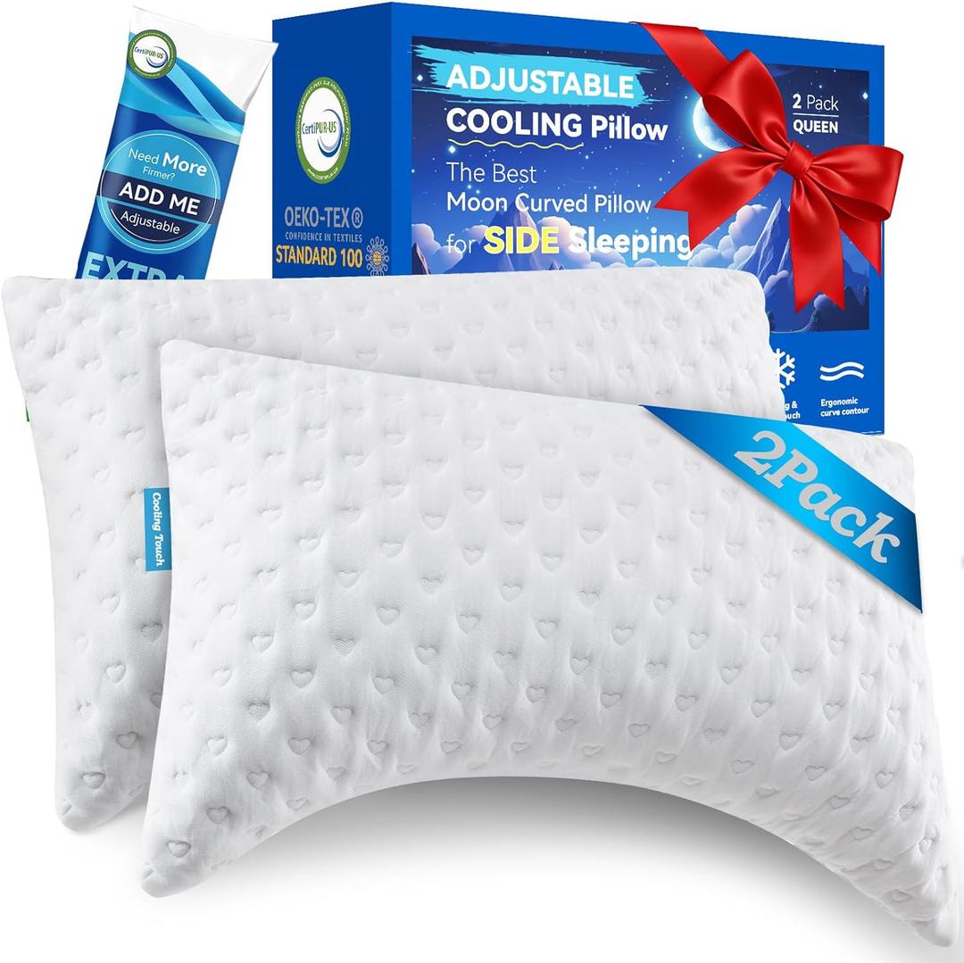 Side Sleeper Pillows for Neck & Shoulder Comfort - Ergonomic Curved Crescent Design, Adjustable Shredded Memory Foam, Cooling & Soft Cover, Extra Fill Included, Queen Size 2 Pack, Valentine's Gifts