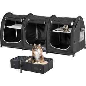 Portable Three Compartment Show House Cat Cage Condo - Easy to Fold & Carry Kennel - Comfy Puppy Home & Dog Travel Crate with Portable Carry Bag,2 Hammocks,3 Mats and Collapsible Litter Boxs